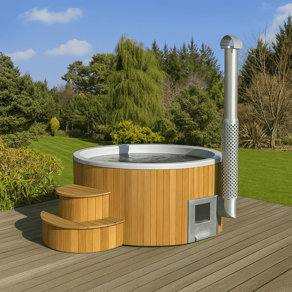 Round wooden outdoor hot tub with steps and chimney heater on a garden deck.