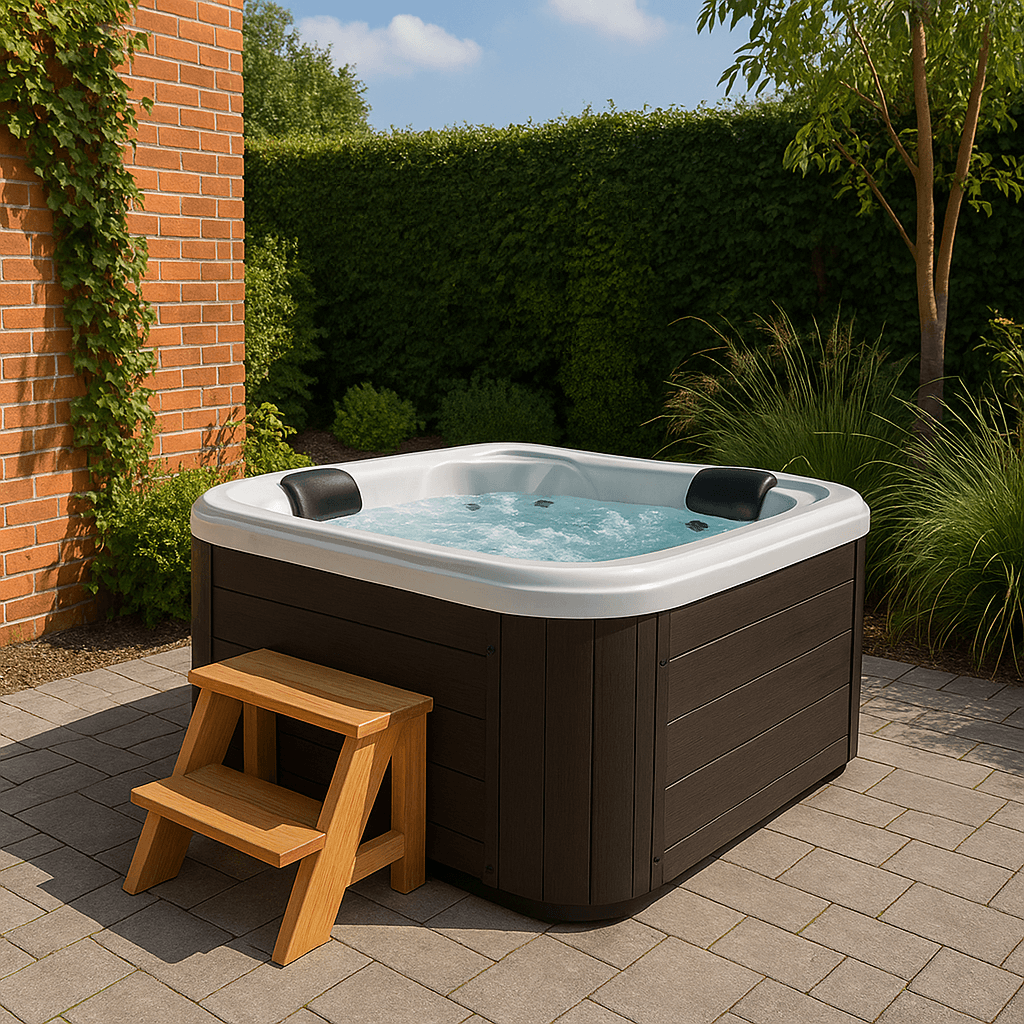 Dark brown square 2-person hot tub with white acrylic interior and small wooden steps on a grey stone patio.