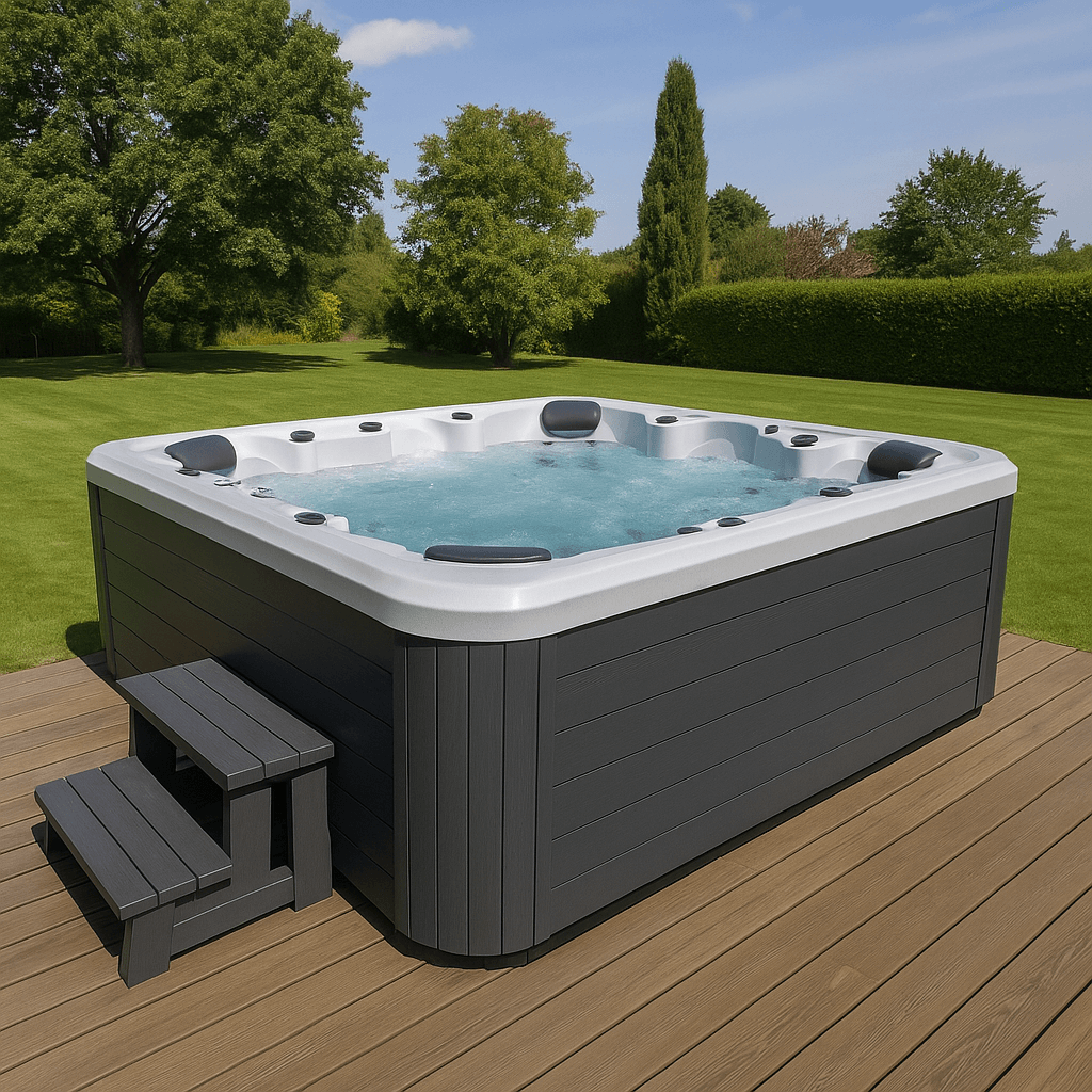 Large dark grey 10-person hot tub with multiple seats and jets on a wooden garden deck.