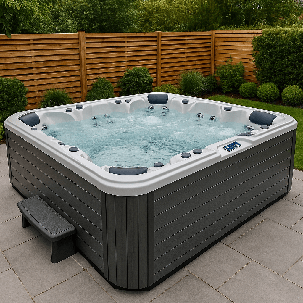 Large 12-person hot tub with multiple seats and hydrotherapy jets in a private garden setting.