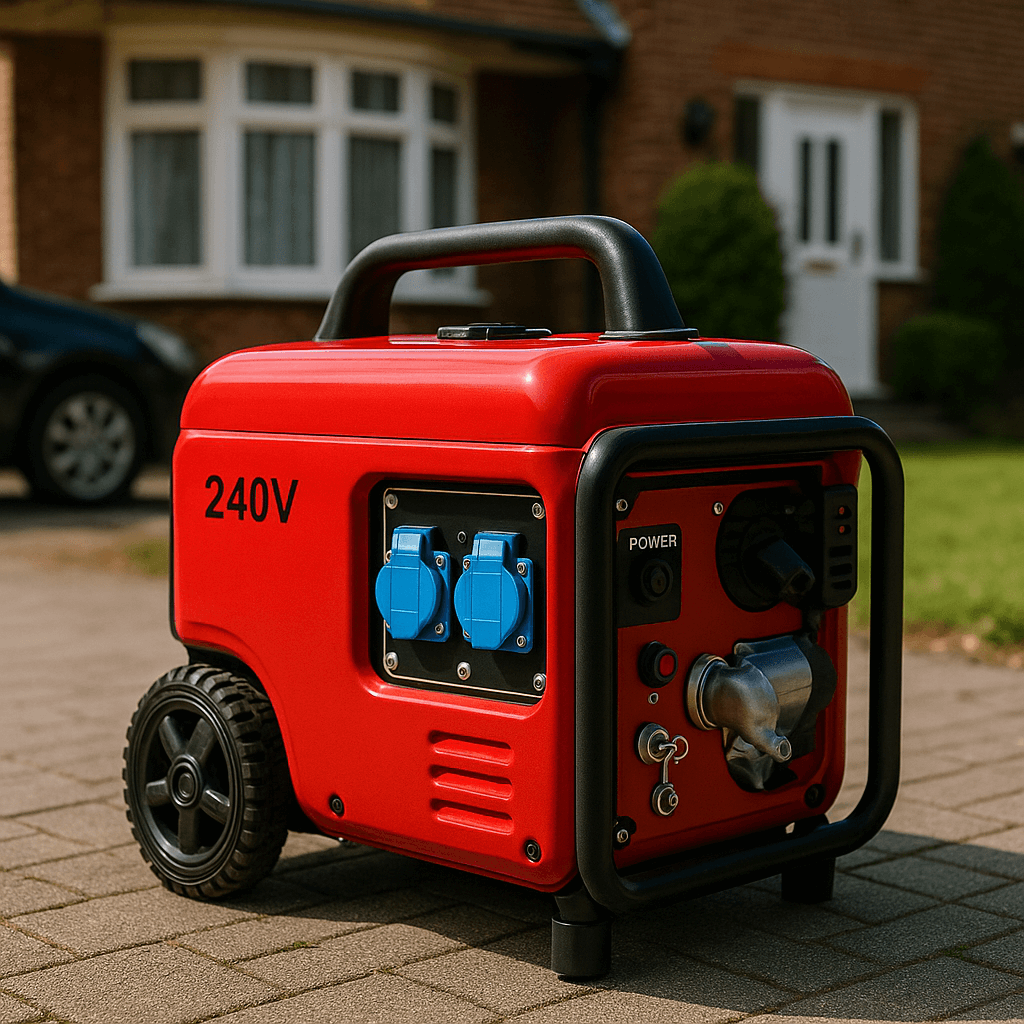 Red 240V portable generator on a driveway outside a home, showing sockets and controls for household backup power.