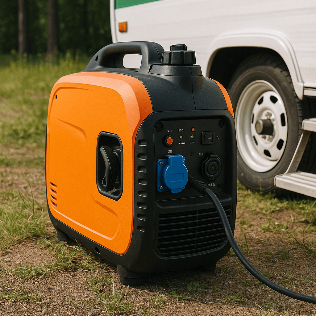 Portable 2kW generator in use beside a caravan at a campsite, showing compact inverter design for camping and outdoor power.