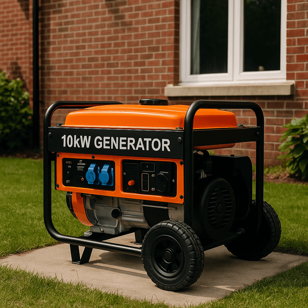 Orange 10kW generator positioned on a garden slab beside a brick house.