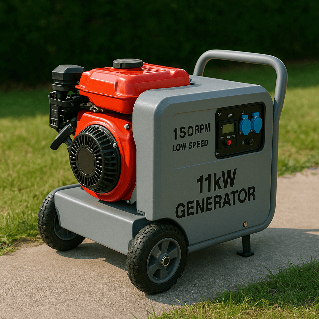 11kW generator with low-speed engine outdoors on grass.