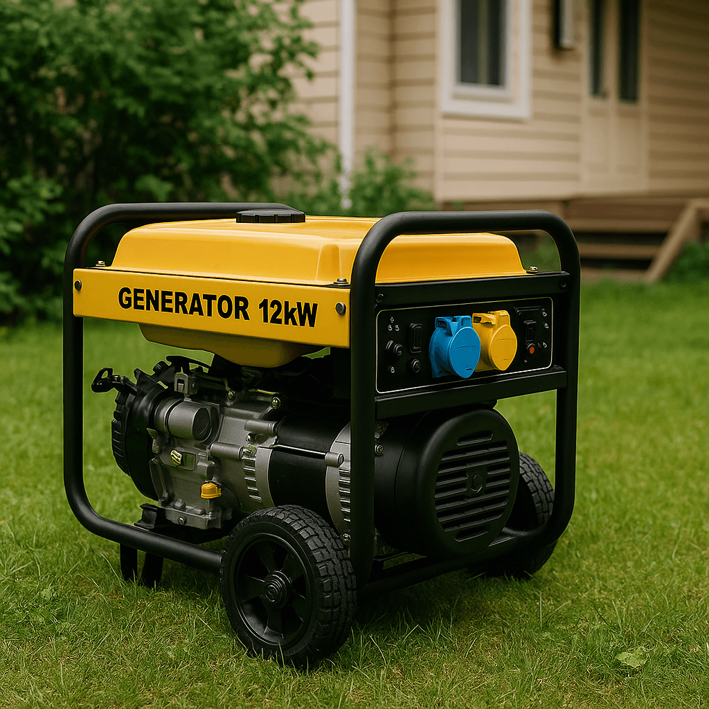 12kW generator with yellow housing positioned on a lawn outside a home.