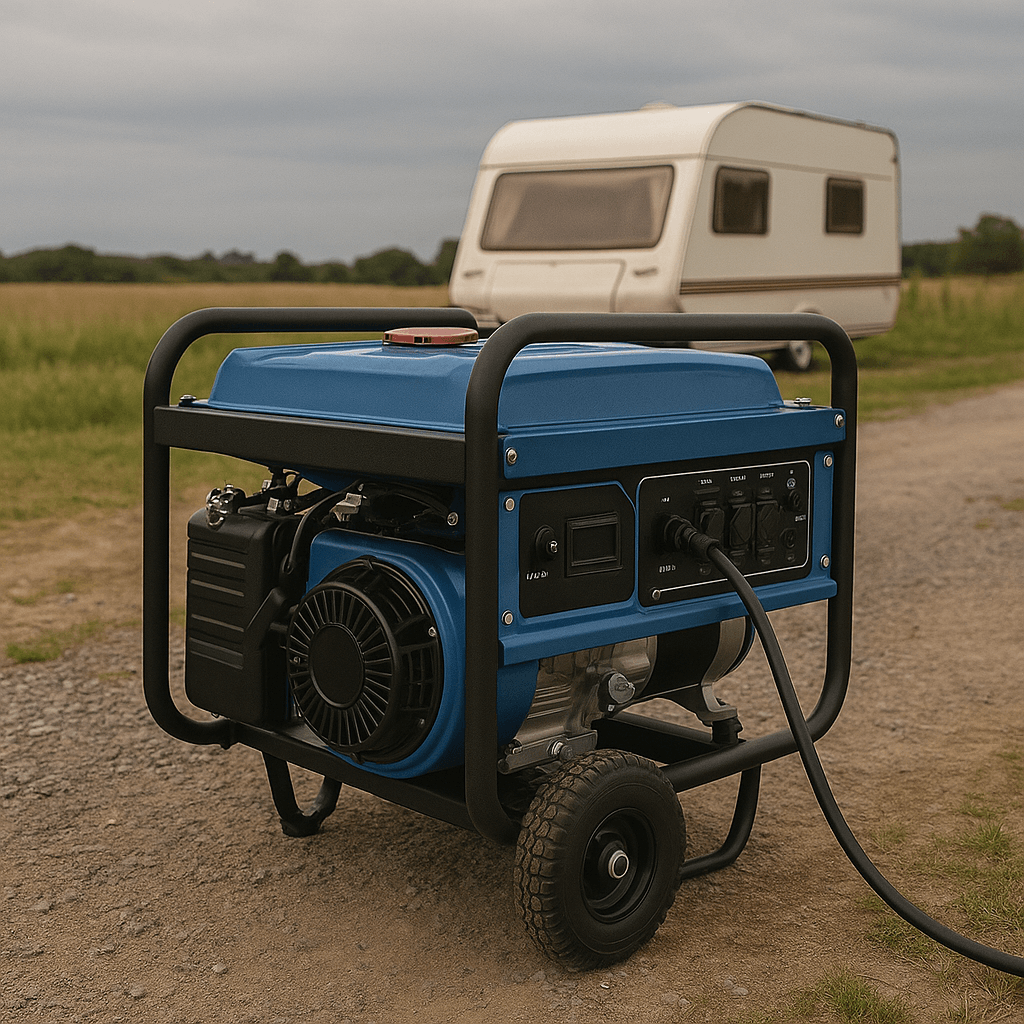 Blue 20kW diesel generator on gravel track with a caravan parked in a rural field behind it.