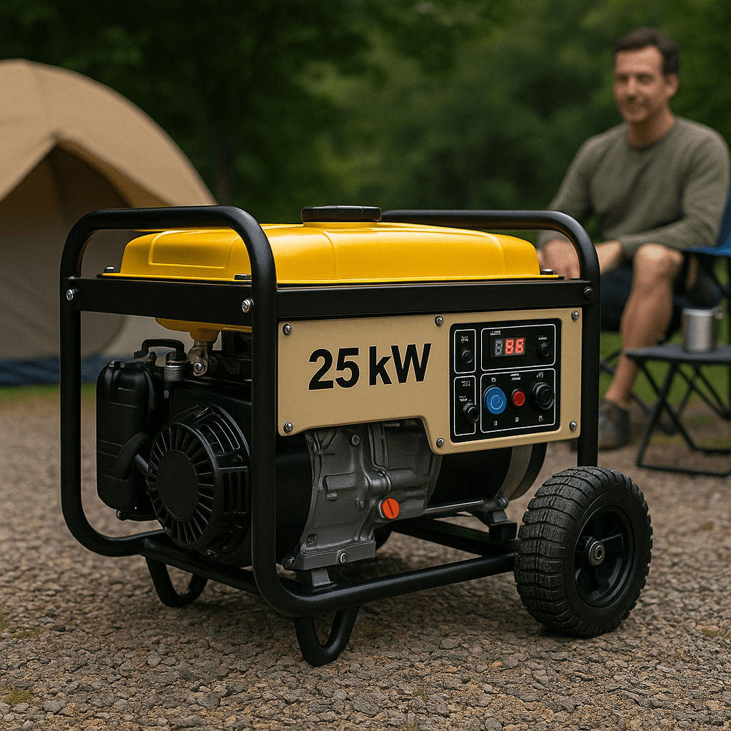 25kW generator running at a campsite with a person sitting nearby, showing a lifestyle outdoor power setup.