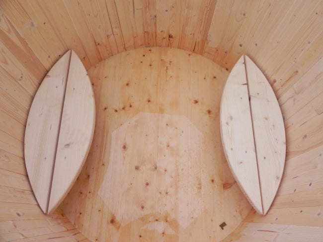Interior view of Viking Industrier 1.2m Cold Tub showing two opposing wooden seats inside a circular spruce tub on a white background.