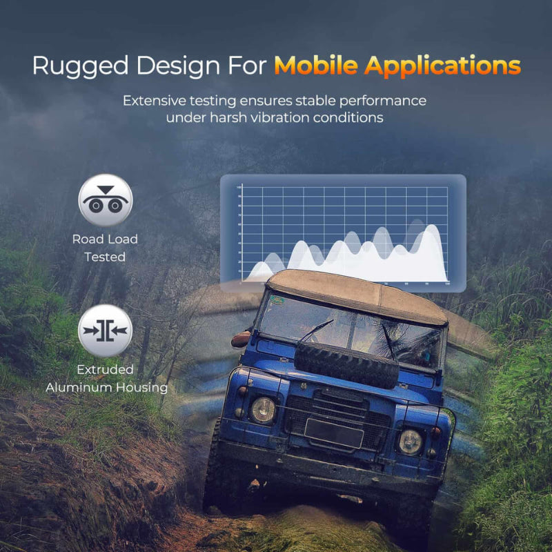 A rugged off-road vehicle drives through uneven terrain. Text highlights the battery’s extruded aluminum housing and road load vibration testing for mobile use.