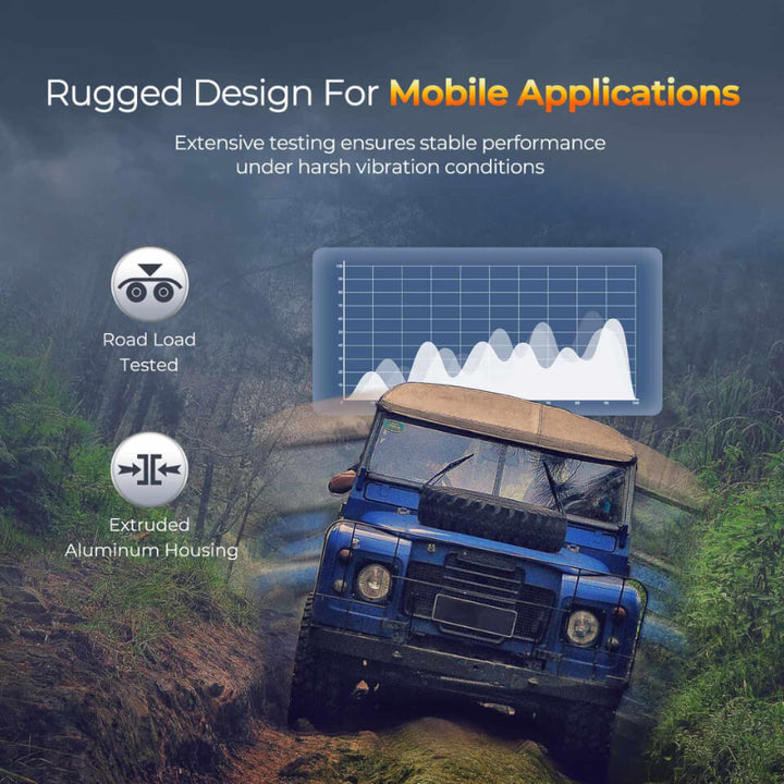 A rugged off-road vehicle drives through uneven terrain. Text highlights the battery’s extruded aluminum housing and road load vibration testing for mobile use.
