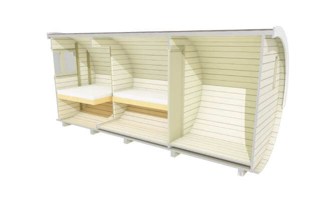 Front diagonal 3D view of Viking Industrier 2.2 x 5.4m Sleeping Barrel showing platform steps and circular door on a white background.