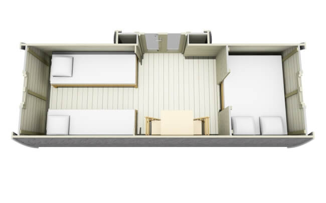Viking Industrier 2.4 x 5.9m Camping Pod with Side Entrance top-down interior layout view on a white background.