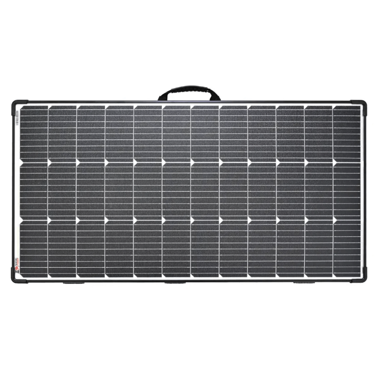 Bluetti 400W solar panel in folded state with carrying handle, on a white background.