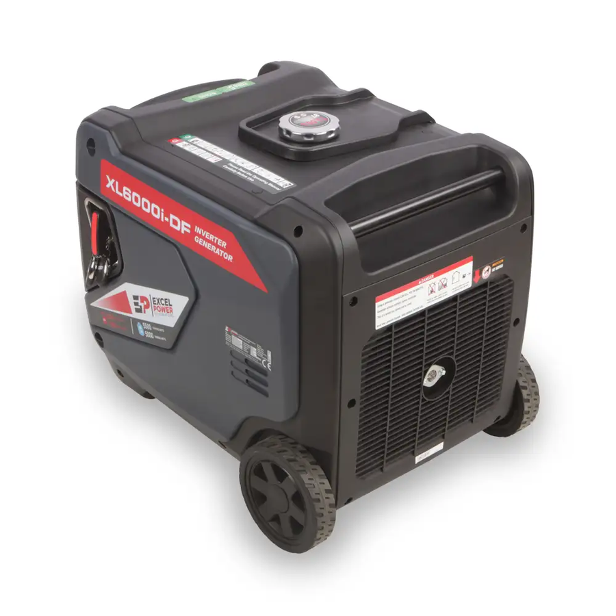 Excel Power XL6000i-DF inverter generator showing rear and left side with control handle and vent on a white background.