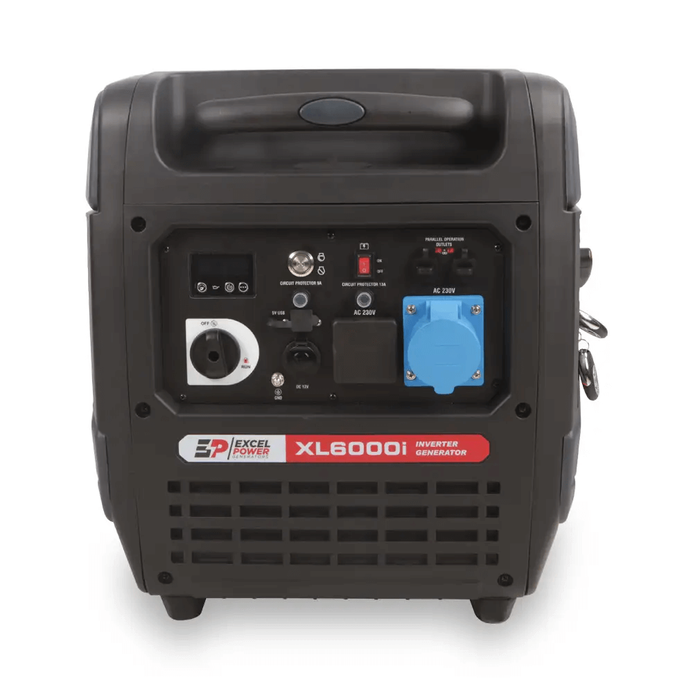 Front panel view of Excel Power XL6000i inverter generator on a white background showing all controls, switches, and sockets.