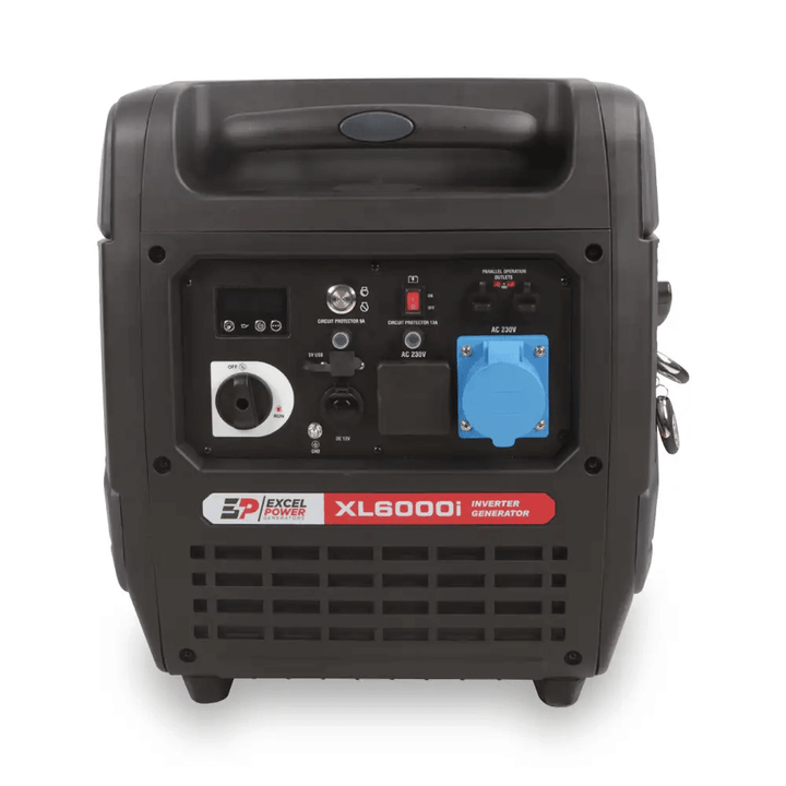 Front panel view of Excel Power XL6000i inverter generator on a white background showing all controls, switches, and sockets.