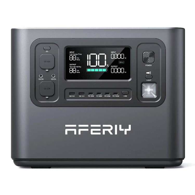 Front view of Aferiy P10 2400W Solar Generator Kit with digital display and labeled outputs, on a white background.