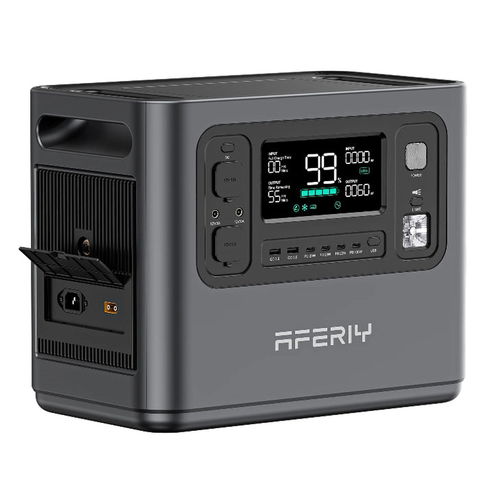 Rear-side view of the Aferiy P110 1200W Portable Power Station showing input ports and ventilation fins, with flap open exposing AC charging inlet, on a white background.