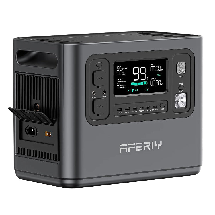 Rear-side view of the Aferiy P110 1200W Portable Power Station showing input ports and ventilation fins, with flap open exposing AC charging inlet, on a white background.
