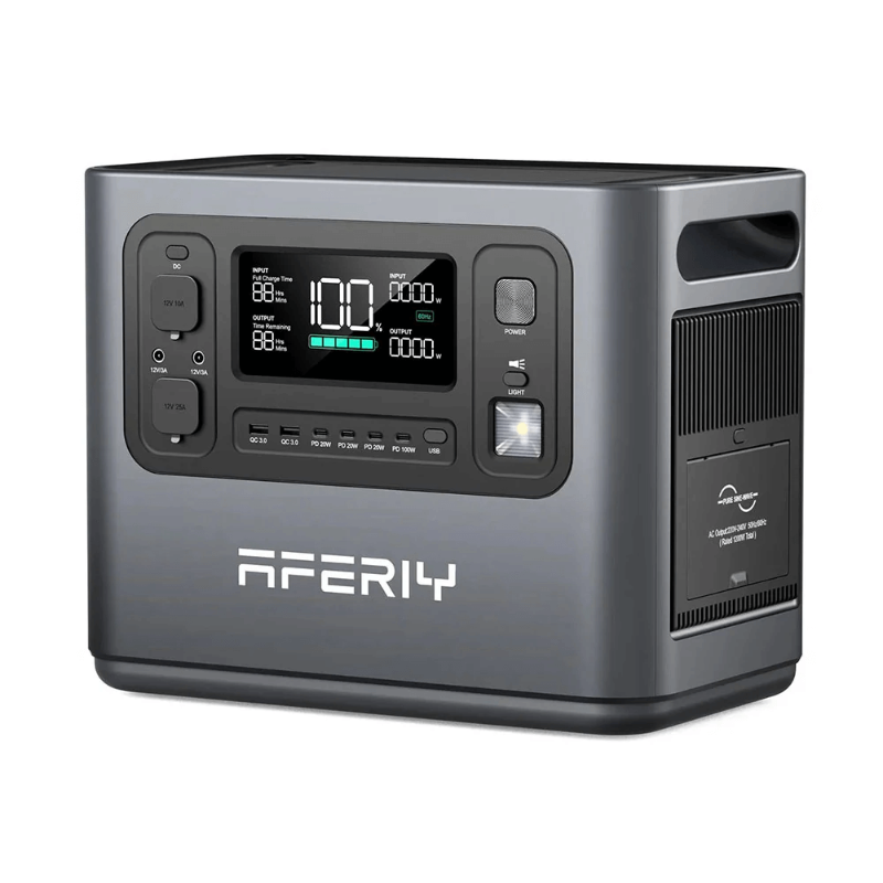 Angled front view of the Aferiy P210 2400W portable power station with a digital display, multiple ports, and built-in flashlight, on a white background.