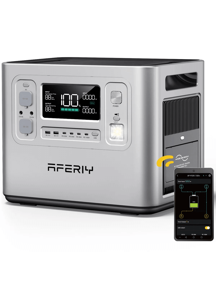 AFERIY P210 silver portable power station with mobile app connectivity icon, displayed on a white background.
