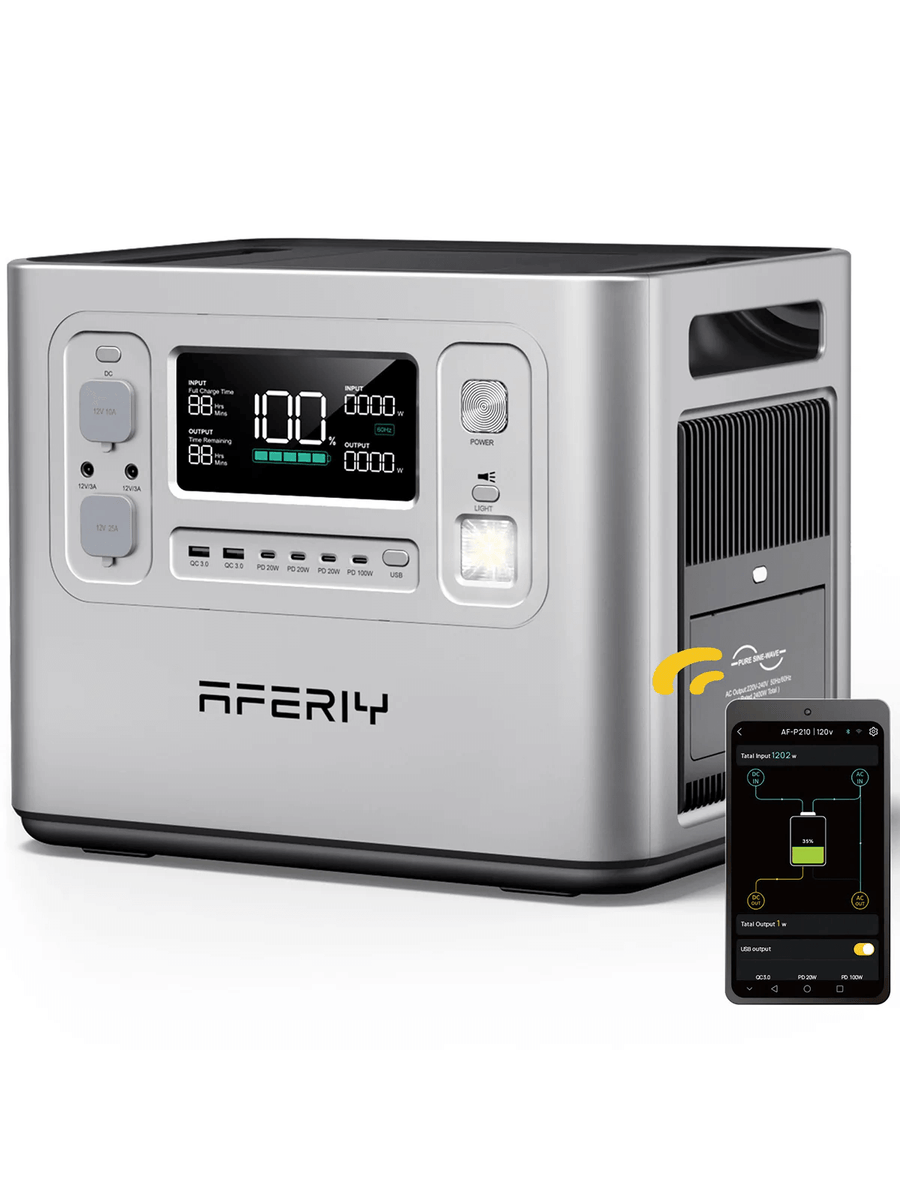AFERIY P210 silver portable power station with mobile app connectivity icon, displayed on a white background.