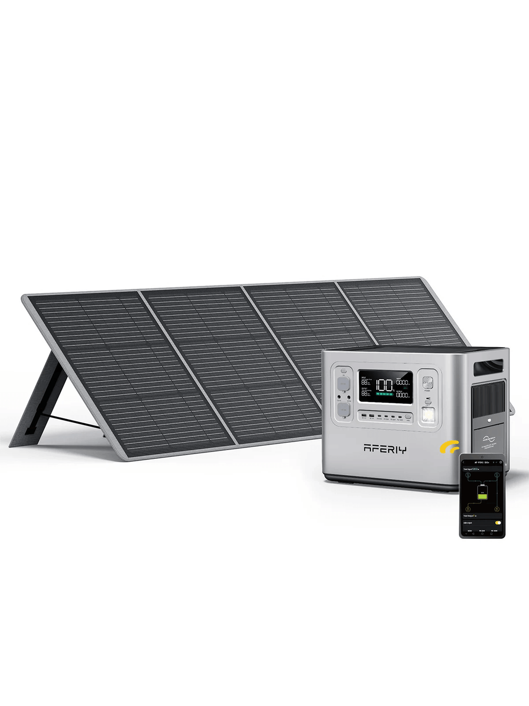 AFERIY P210 silver portable power station connected to a large solar panel with smartphone app display, shown on a white background.
