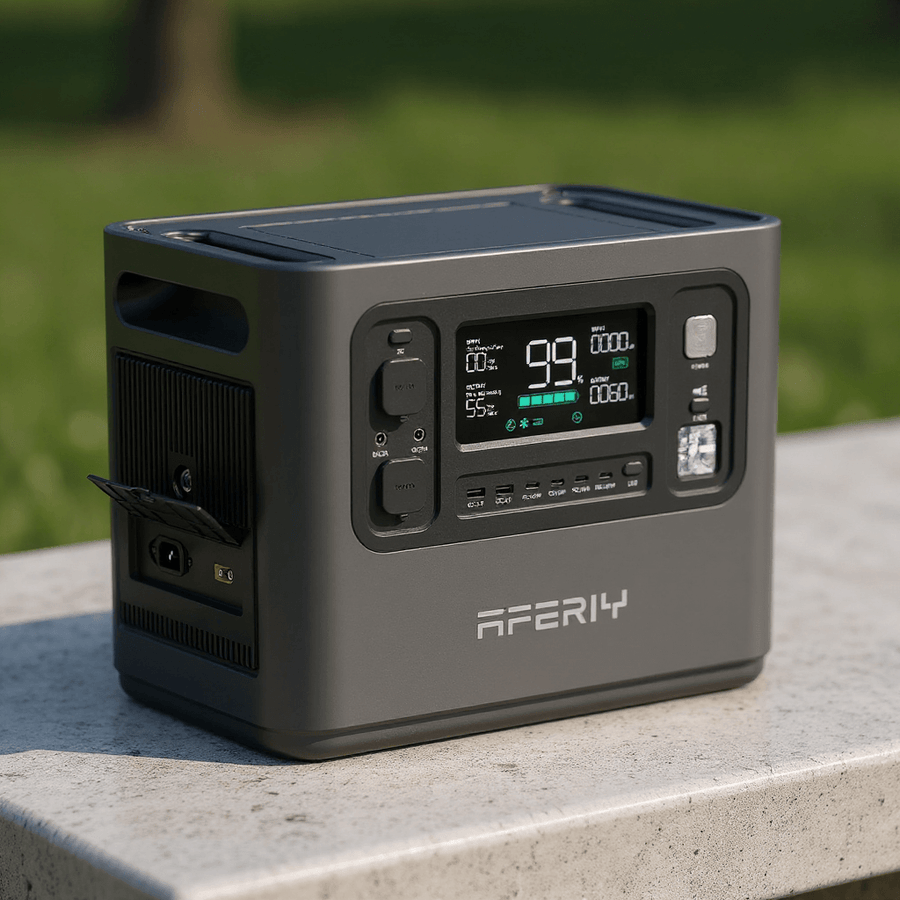 Aferiy P110 1200W portable solar generator with digital display, ona green outdoor setting.