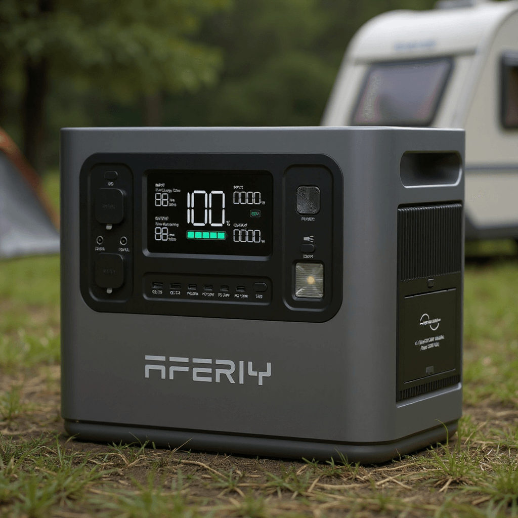Aferiy P210 2400W portable power station on grass at a campsite, with a caravan and tent in the background.