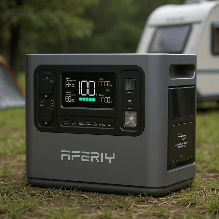 Aferiy P210 2400W portable power station on grass at a campsite, with a caravan and tent in the background.