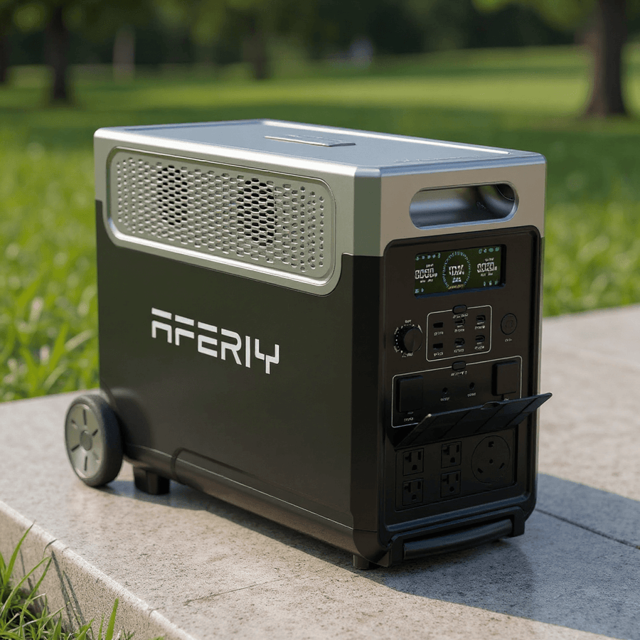 Aferiy P310 3600W portable solar generator with display and outlets, placed on a concrete path in a sunny park setting.