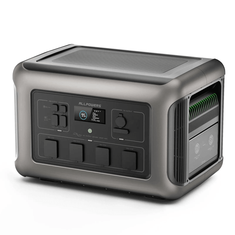Angled view of the ALLPOWERS R3500 portable power station with display screen on a white background.
