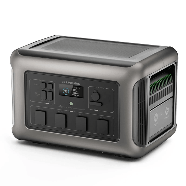 Angled view of the ALLPOWERS R3500 portable power station with display screen on a white background.