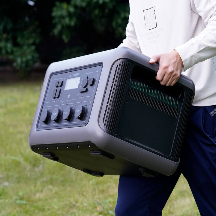 Person carrying the ALLPOWERS R3500 portable power station outdoors on a grassy background.