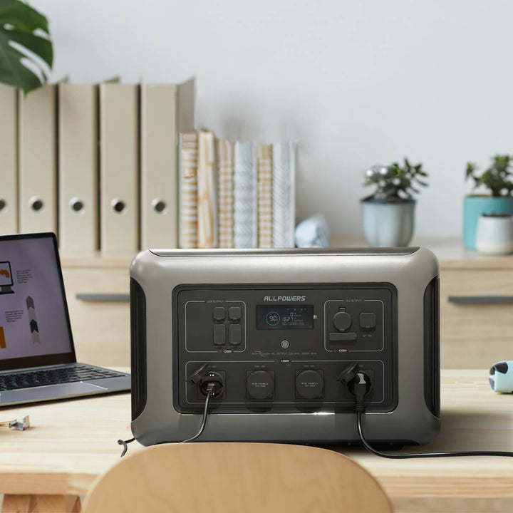 ALLPOWERS R3500 portable power station powering devices on a wooden desk in a home office setting.