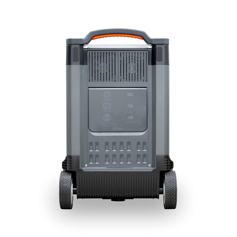 Rear view of the ALLPOWERS R4000 home backup power station with wheels on a white background.