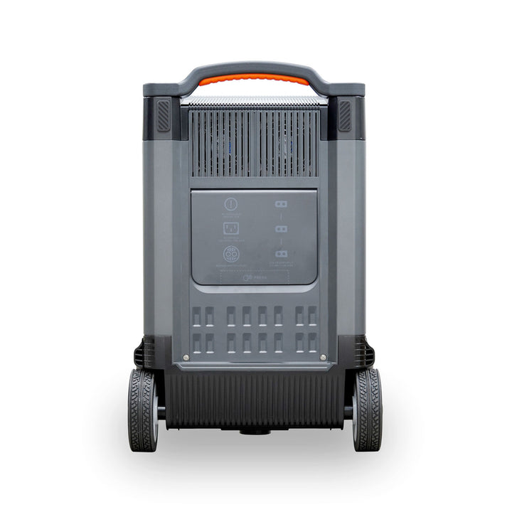 Rear view of the ALLPOWERS R4000 home backup power station with wheels on a white background.