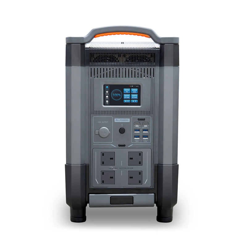 Side view of the ALLPOWERS R4000 portable power station with wheels on a white background.