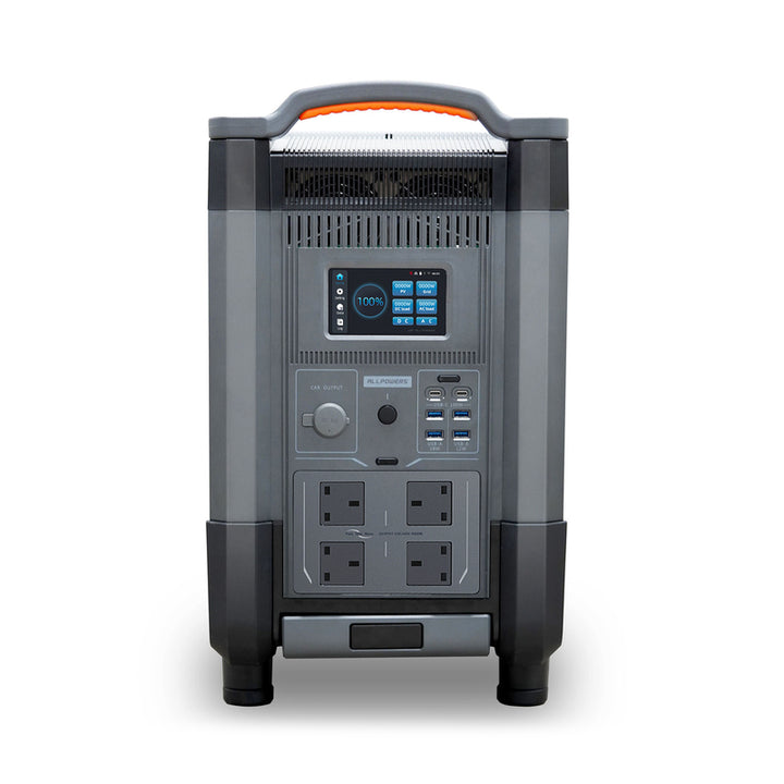 Side view of the ALLPOWERS R4000 portable power station with wheels on a white background.