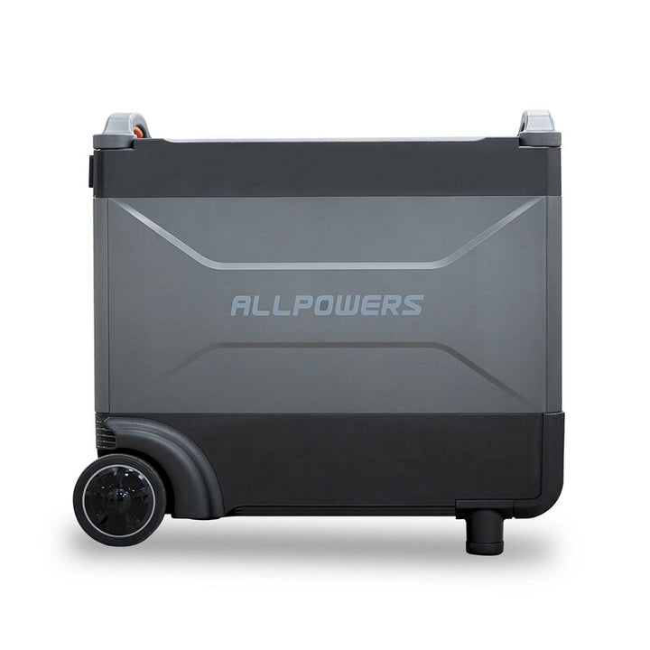 Side view of the ALLPOWERS R4000 portable power station with wheels on a white background.