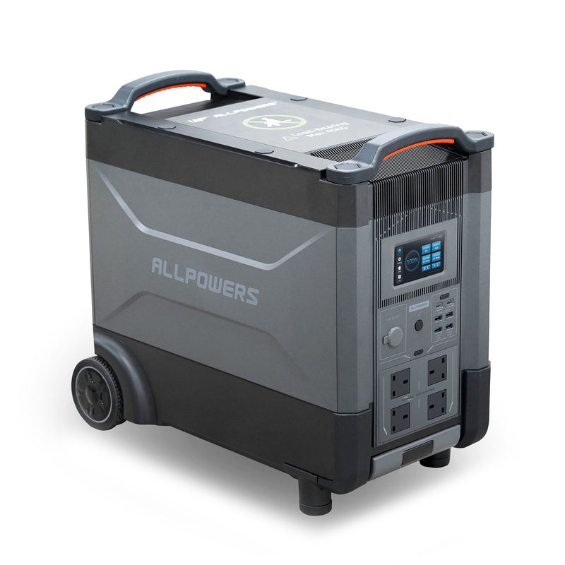 Angled view of the ALLPOWERS R4000 portable power station with wheels on a white background.