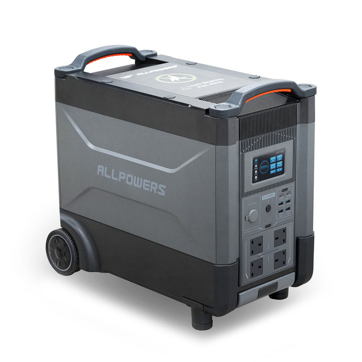 Angled view of the ALLPOWERS R4000 portable power station with wheels on a white background.