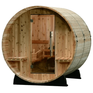 Almost Heaven Audra Barrel Sauna with front glass door, canopy overhang, and exterior benches, on a transparent background.