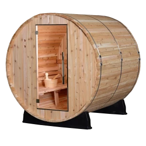 Almost Heaven Pinnacle Barrel Sauna with natural wood finish, glass door showing interior seating, on a transparent background.