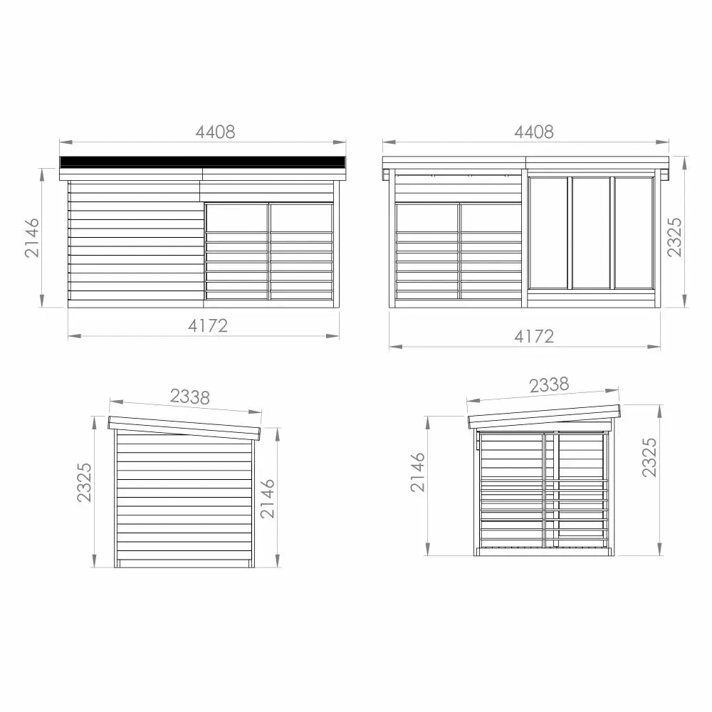 InMedias Anita Log Sauna technical dimensions on a white background.