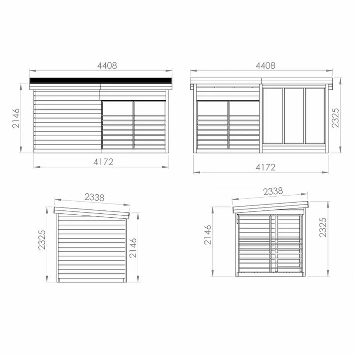 InMedias Anita Log Sauna technical dimensions on a white background.