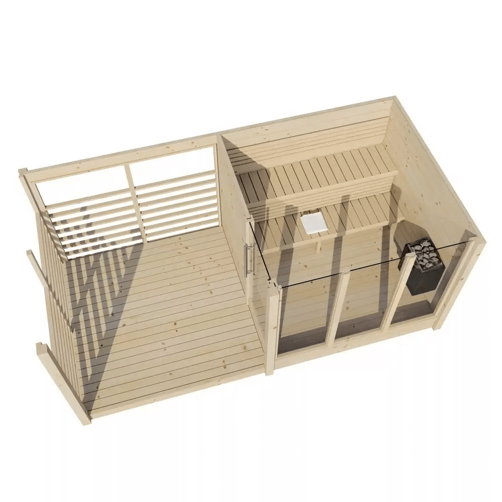 InMedias Anita Log Sauna interior top-down layout on a white background.