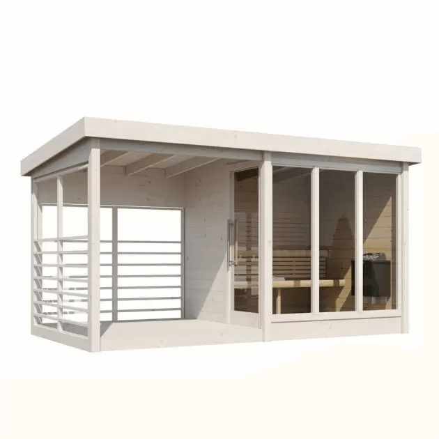 InMedias Anita Log Sauna in white finish with open terrace on a white background.