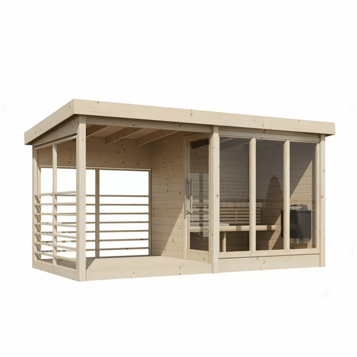 InMedias Anita Log Sauna in natural wood finish with open terrace on a white background.