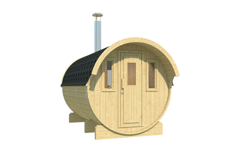  InMedias Barrel Sauna 330 with chimney pipe and triple front windows — on a transparent background.